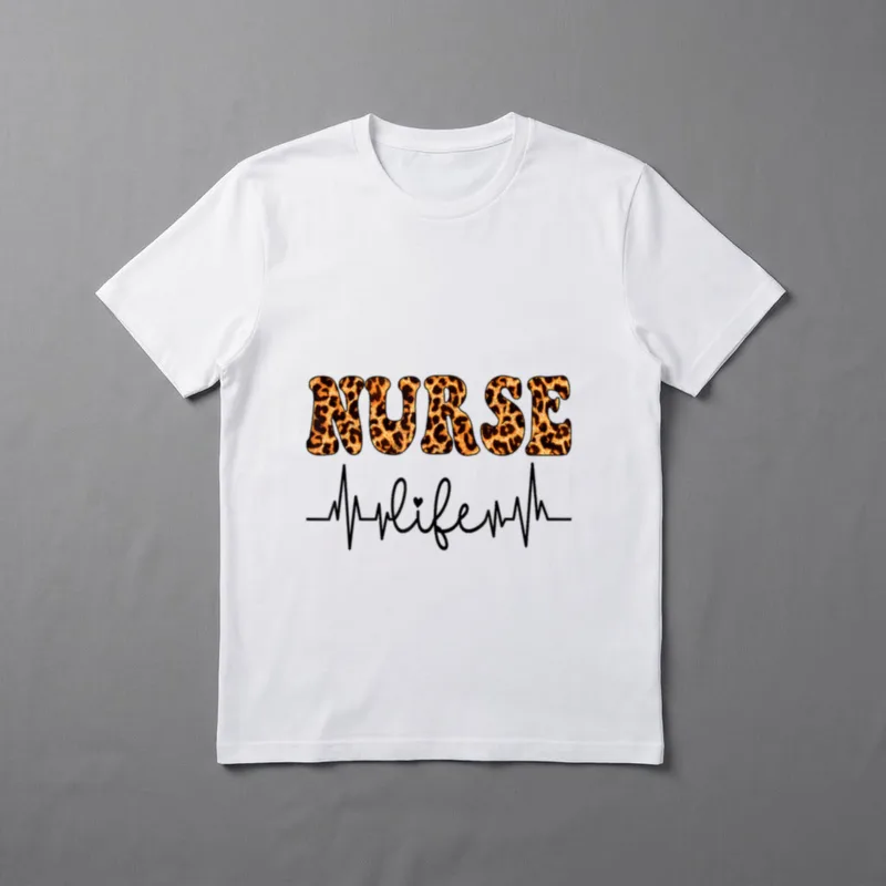 Leopard Nurse Life T-Shirt – NURSE in leopard print over a pulse line with cursive life – Classic T-Shirt in Black