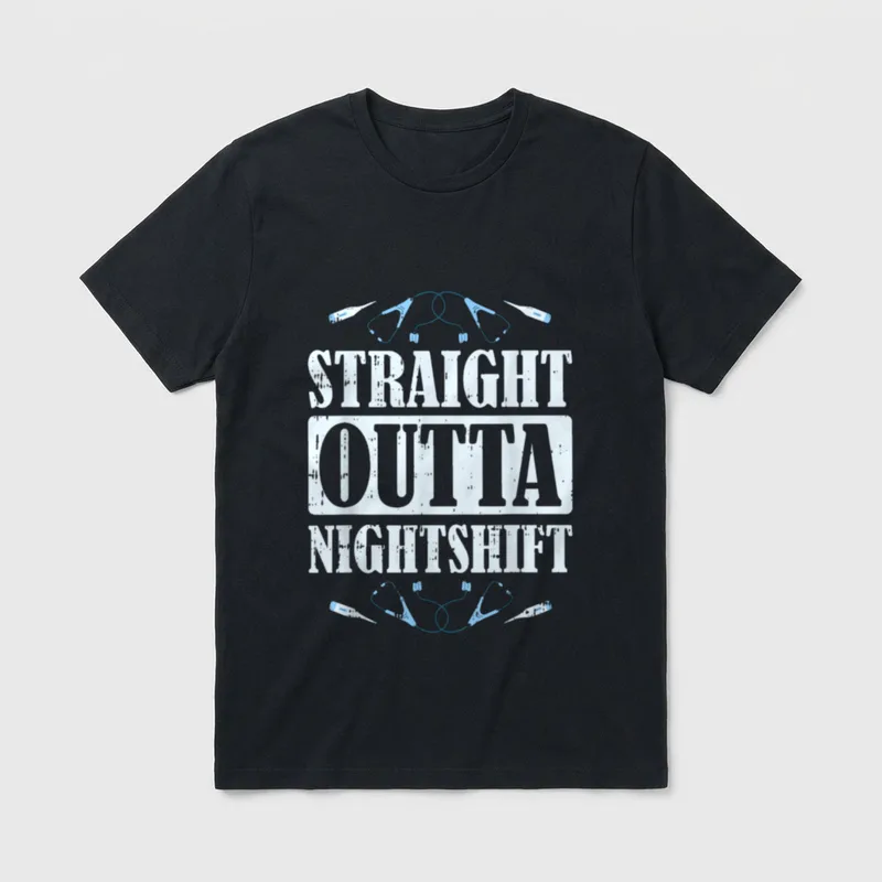 Fun Nurse Nursing Hospital T-Shirt – Straight Outta Nightshift with stethoscopes and thermometers – Classic T-Shirt in Black