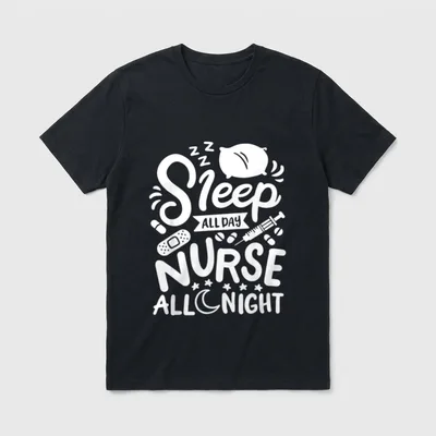 Nurse Nursing RN T-Shirt – Sleep ALL DAY NURSE ALL NIGHT with pillow, syringe, and bandage – Classic T-Shirt in Black