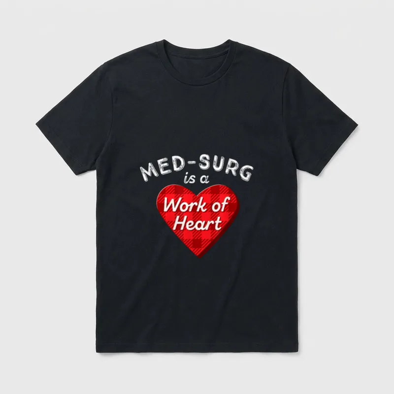 Med Surg Nurse Medical Surgical Heart T-Shirt – MED-SURG is a Work of Heart on a red plaid heart – Classic T-Shirt in Black