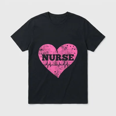 Nurse Double-needle T-Shirt – Pink heart graphic with NURSE lettering and pulse line – Classic T-Shirt in Black
