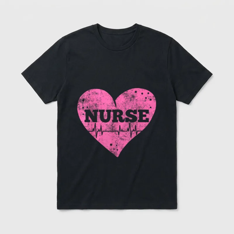 Nurse Double-needle T-Shirt – Pink heart graphic with NURSE lettering and pulse line – Classic T-Shirt in Black
