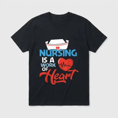 Proud RN LPN CNA Nurse T-Shirt – Nurse cap and red heart with Nursing Is A Work Of Heart text – Classic T-Shirt in Black