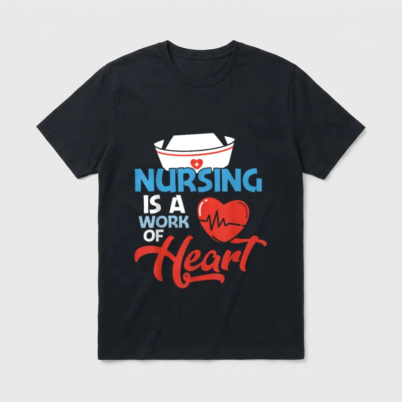 Proud RN LPN CNA Nurse T-Shirt – Nurse cap and red heart with Nursing Is A Work Of Heart text – Classic T-Shirt in Black