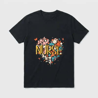 Nurse Heart Butterflies T-Shirt – NURSE lettering over a floral heart with fluttering butterflies – Classic T-Shirt in Black