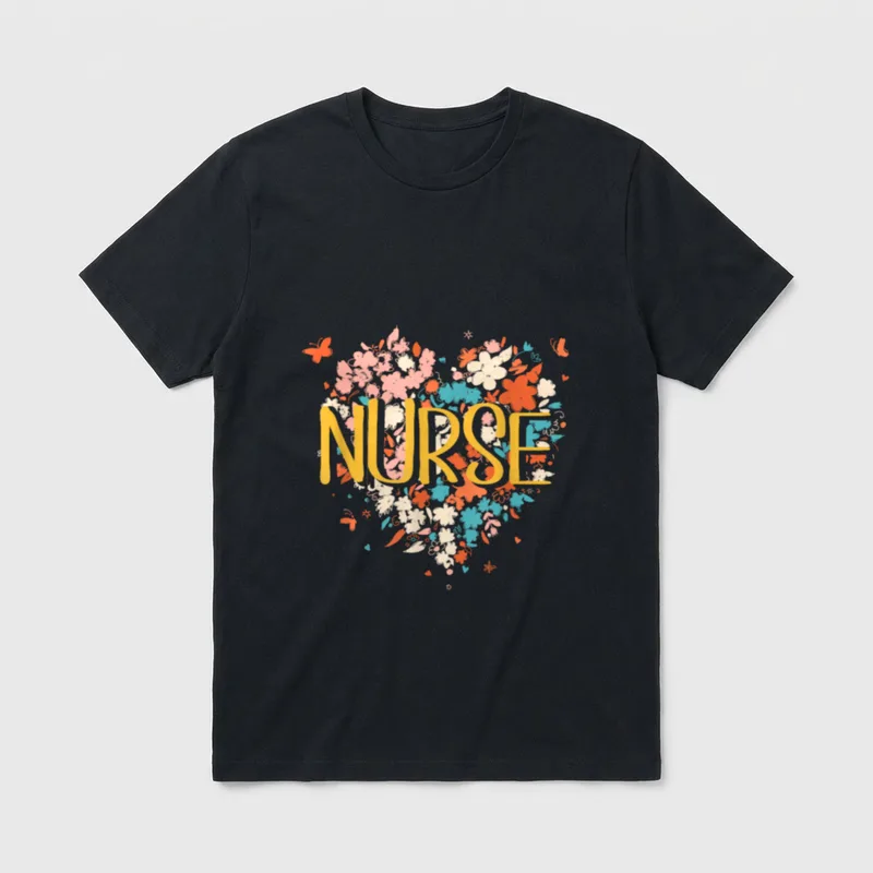Nurse Heart Butterflies T-Shirt – NURSE lettering over a floral heart with fluttering butterflies – Classic T-Shirt in Black