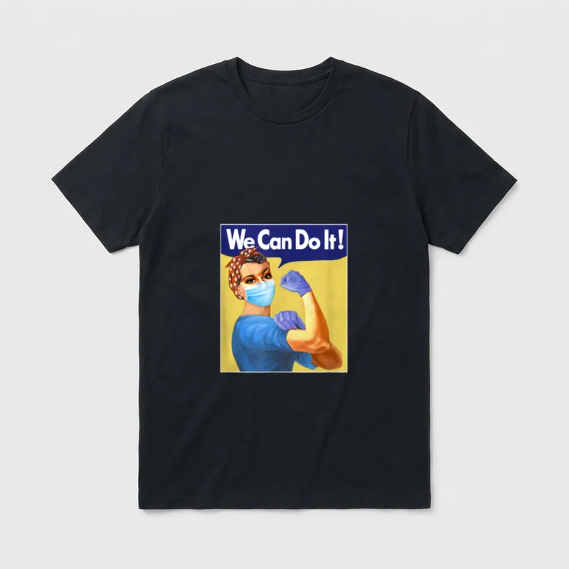 Rosie Nurse T-Shirt – “We Can Do It!” in bold white letters – Classic T-Shirt in Black