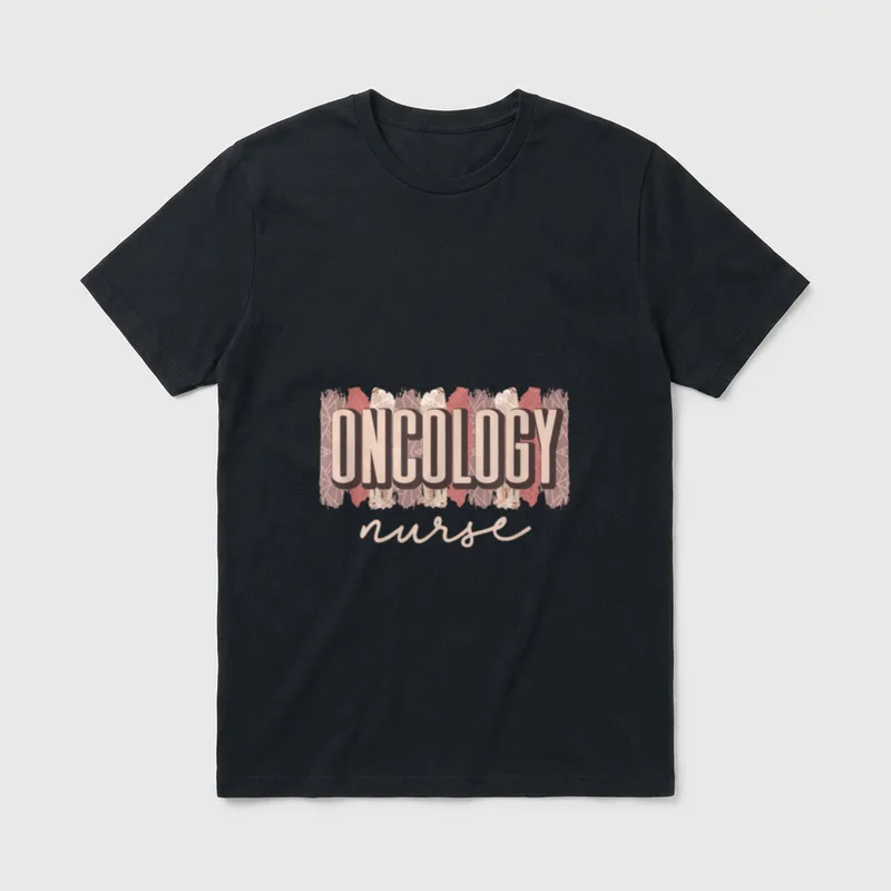 Retro Oncology Nurse T-Shirt – ONCOLOGY nurse printed in bold retro script over patterned stripes – Classic T-Shirt in Black