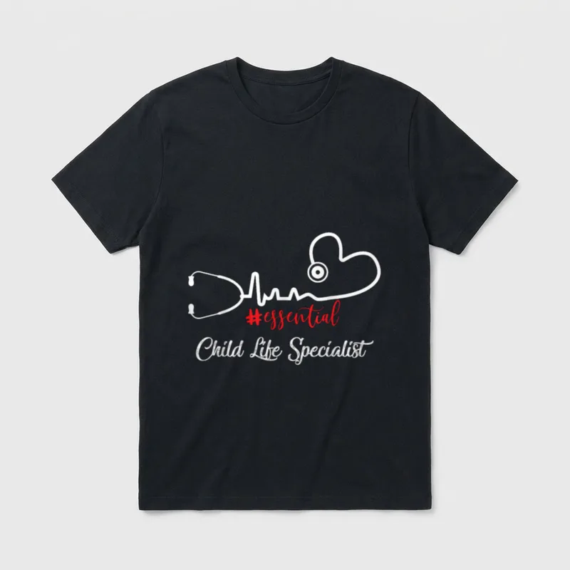 Essential Child Life Specialist Heartbeat T-Shirt – Text reading #essential Child Life Specialist – Classic T-Shirt in Black
