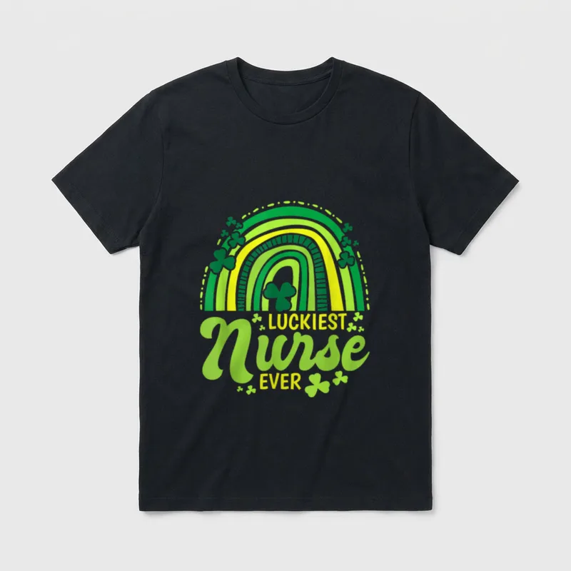 Luckiest Nurse Ever T-Shirt – Green shamrock rainbow with LUCKIEST Nurse EVER lettering – Classic T-Shirt in Black