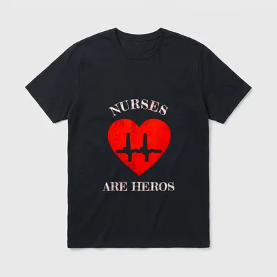 NURSES ARE HEROS BEATING HEART T-Shirt – Distressed red heart graphic with NURSES ARE HEROS text – Classic T-Shirt in Black