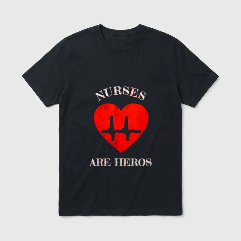 NURSES ARE HEROS BEATING HEART T-Shirt – Distressed red heart graphic with NURSES ARE HEROS text – Classic T-Shirt in Black