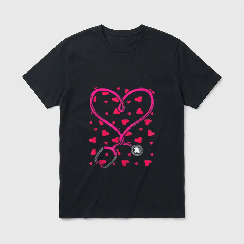Nursing Valentines Day Heart Stethoscope Scrub T-Shirt – Classic T-Shirt in Black