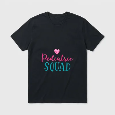Pediatric Nursing Outfit Ped Nurse T-Shirt – Pink pulse heart above Pediatric SQUAD lettering – Classic T-Shirt in Black