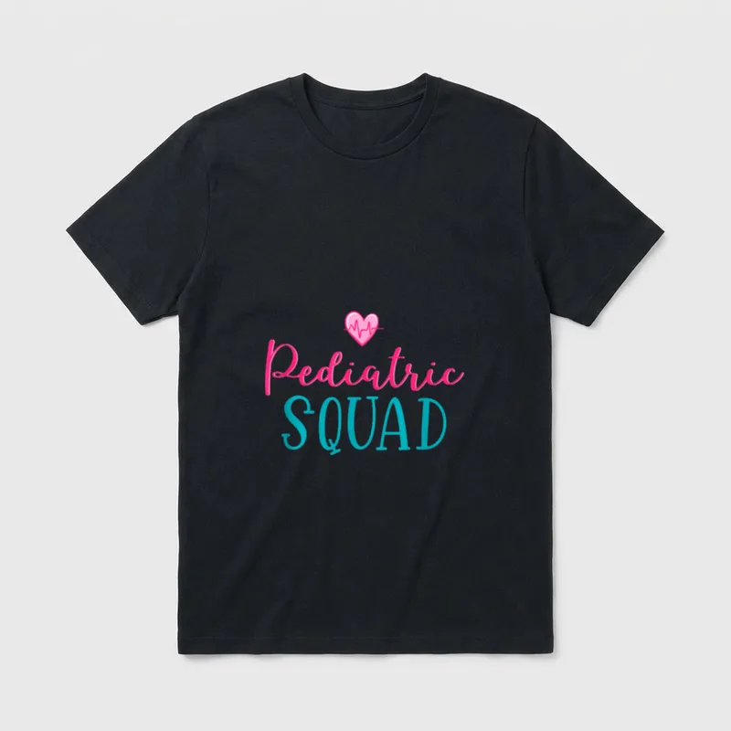 Pediatric Nursing Outfit Ped Nurse T-Shirt – Pink pulse heart above Pediatric SQUAD lettering – Classic T-Shirt in Black