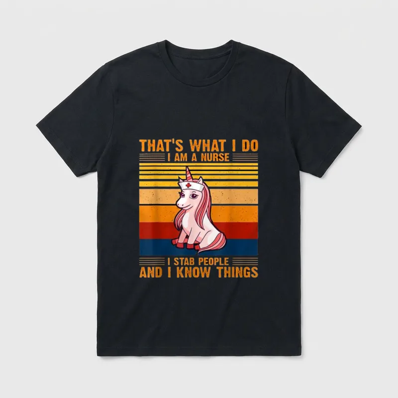 What I Do I'm a Nurse T-Shirt – Cartoon unicorn nurse graphic with colorful retro sunset stripes – Classic T-Shirt in Black
