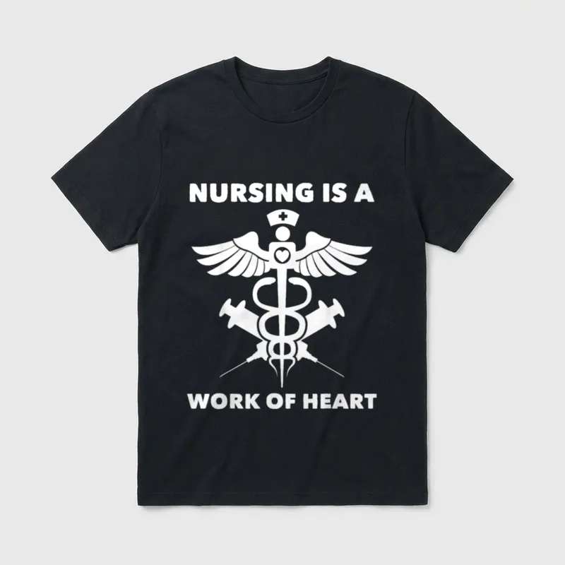 Paramedic Hospital Nurse T-Shirt – Caduceus graphic and NURSING IS A WORK OF HEART lettering – Classic T-Shirt in Black