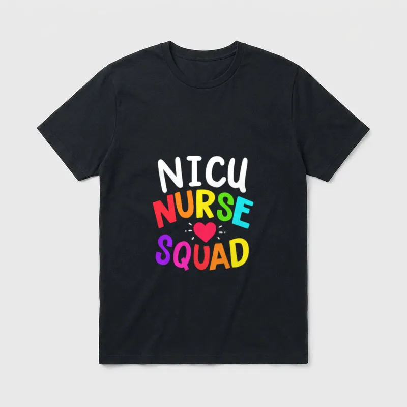 NICU Nurse Squad Proud Healthcare Worker T-Shirt – “NICU NURSE SQUAD” typography with a pink heart – Classic T-Shirt in Black