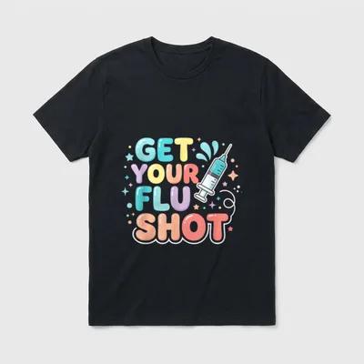 Get Your Flu Shot Cute Nurse T-Shirt – “GET YOUR FLU SHOT” bubble letters beside a syringe – Classic T-Shirt in Black