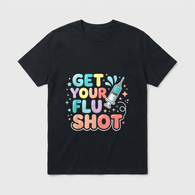 Get Your Flu Shot Cute Nurse T-Shirt – “GET YOUR FLU SHOT” bubble letters beside a syringe – Classic T-Shirt in Black