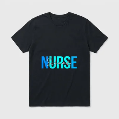 School Nurse Double-needle T-Shirt – Bold blue NURSE letters layered with white School script – Classic T-Shirt in Black