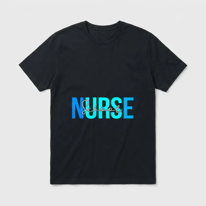 School Nurse Double-needle T-Shirt – Bold blue NURSE letters layered with white School script – Classic T-Shirt in Black