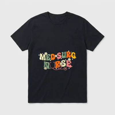 Med Surg Nurse Groovy Medical All T-Shirt – “MED SURG NURSE” text with stethoscope and daisies – Classic T-Shirt in Black