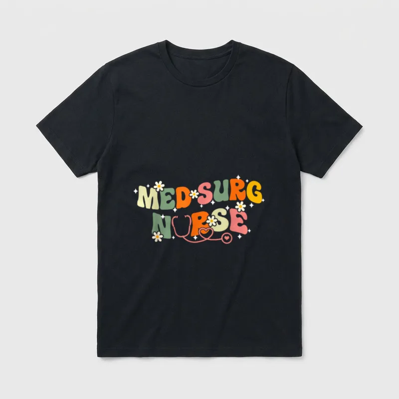 Med Surg Nurse Groovy Medical All T-Shirt – “MED SURG NURSE” text with stethoscope and daisies – Classic T-Shirt in Black