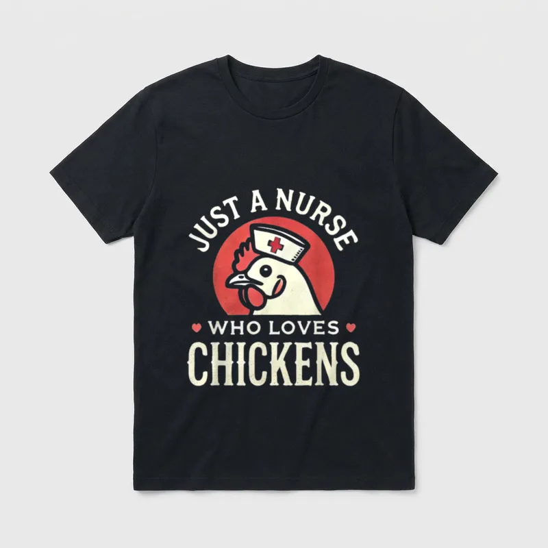 Just a Nurse Who Loves Retro T-Shirt – Hen in nurse cap with text JUST A NURSE WHO LOVES CHICKENS – Classic T-Shirt in Black
