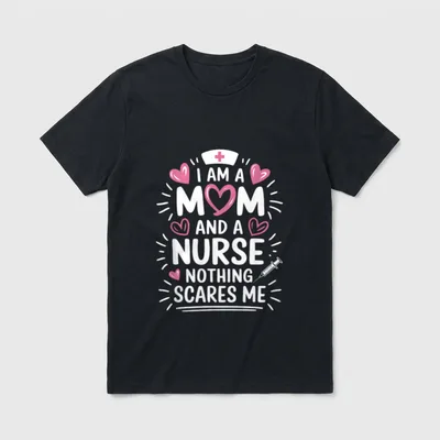 Nursing Nurse Mom T-Shirt – I AM A MOM AND A NURSE NOTHING SCARES ME with cap, hearts, syringe – Classic T-Shirt in Black