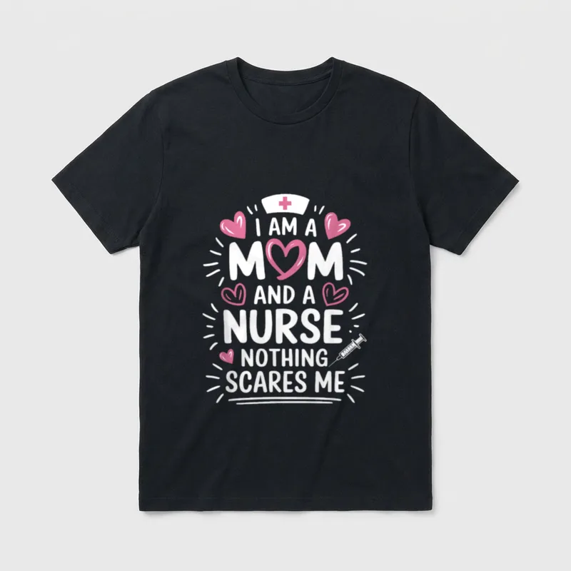 Nursing Nurse Mom T-Shirt – I AM A MOM AND A NURSE NOTHING SCARES ME with cap, hearts, syringe – Classic T-Shirt in Black