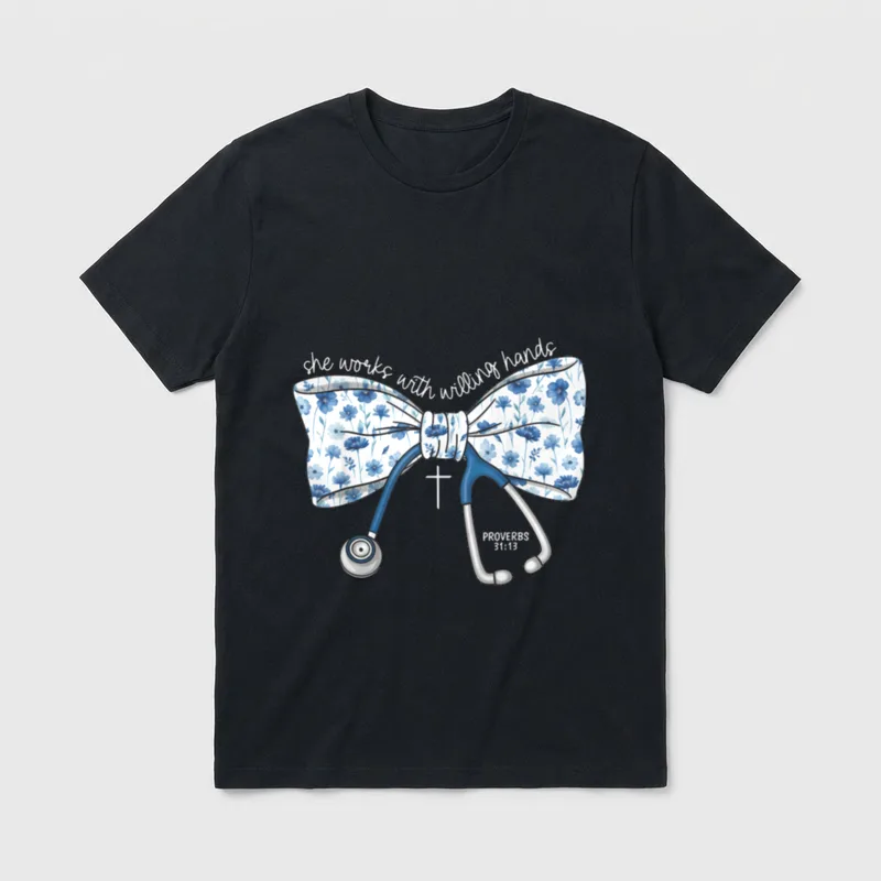 Works with Willing Hands Nurse T-Shirt – she works with willing hands PROVERBS 31:13 – Classic T-Shirt in Black