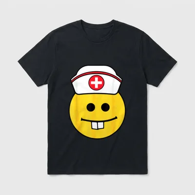 Nurse Emoticon Face T-Shirt – Yellow smiling emoticon with buck teeth wearing a white nurse cap – Classic T-Shirt in Black