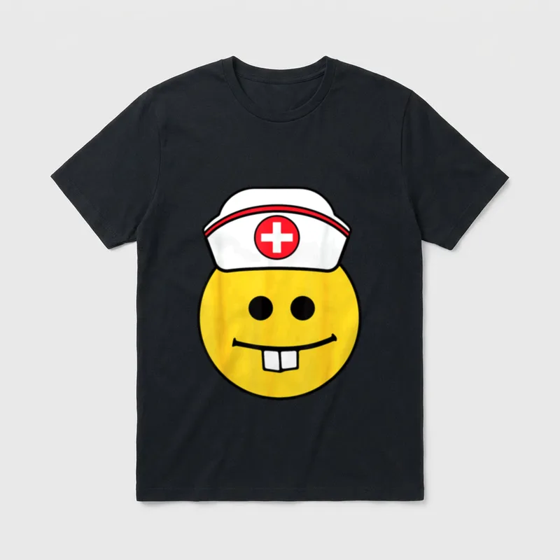 Nurse Emoticon Face T-Shirt – Yellow smiling emoticon with buck teeth wearing a white nurse cap – Classic T-Shirt in Black