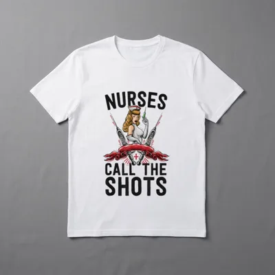 Nurse Shots T-Shirt – Retro pin-up nurse with crossed syringes and red banner graphic – Classic T-Shirt in Black