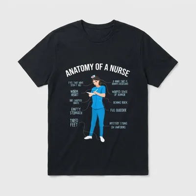 Nurse Anatomy Healthcare T-Shirt – Anatomy of a nurse diagram with shift work labels – Classic T-Shirt in Black