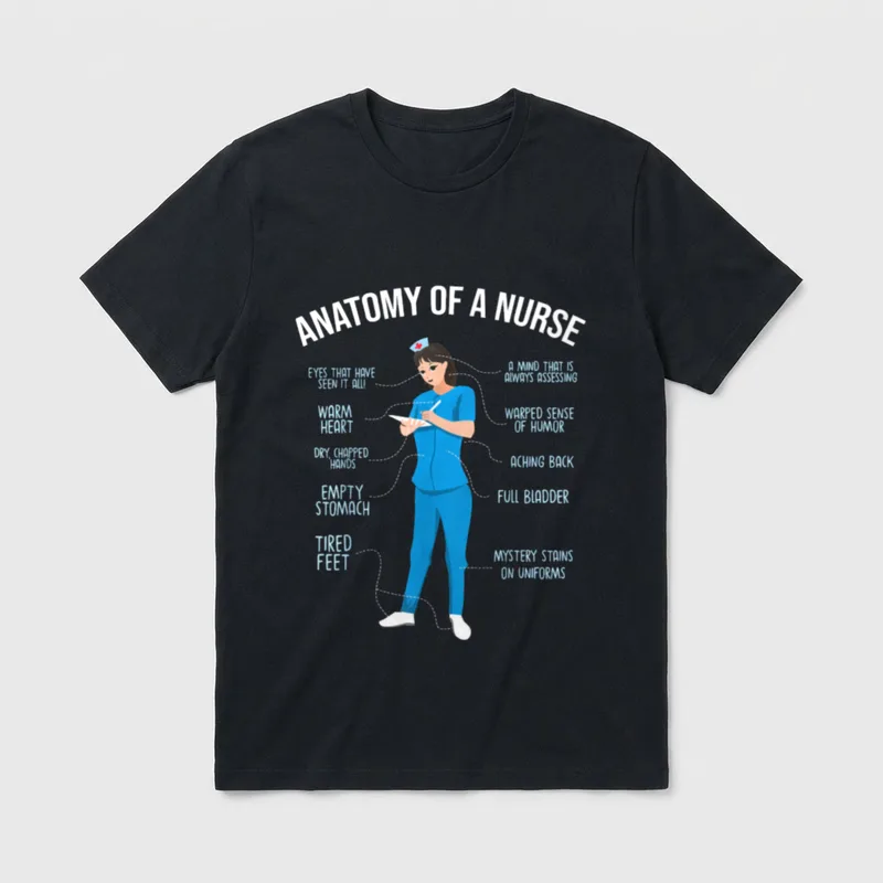 Nurse Anatomy Healthcare T-Shirt – Anatomy of a nurse diagram with shift work labels – Classic T-Shirt in Black