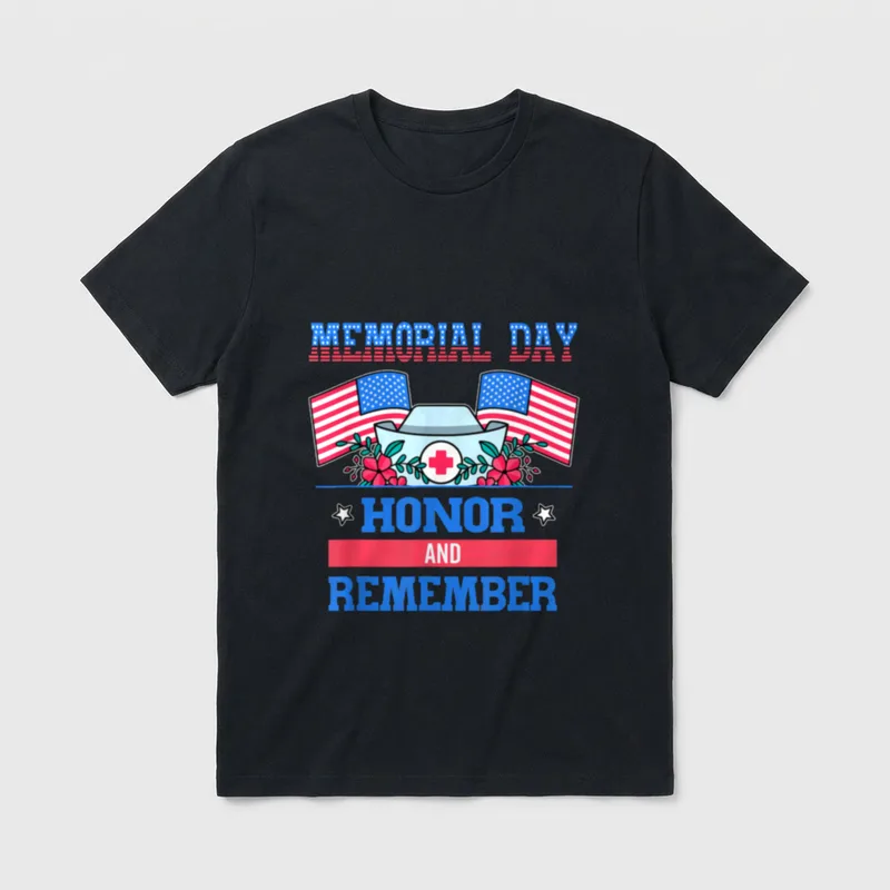 Memorial Day Nurse T-Shirt – Nurse cap with red cross, American flags, and remembrance motto – Classic T-Shirt in Black