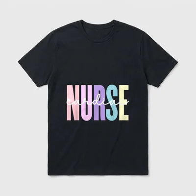 Heart Nursing Nurse T-Shirt – Cursive cardiac script layered over pastel block NURSE letters – Classic T-Shirt in Black
