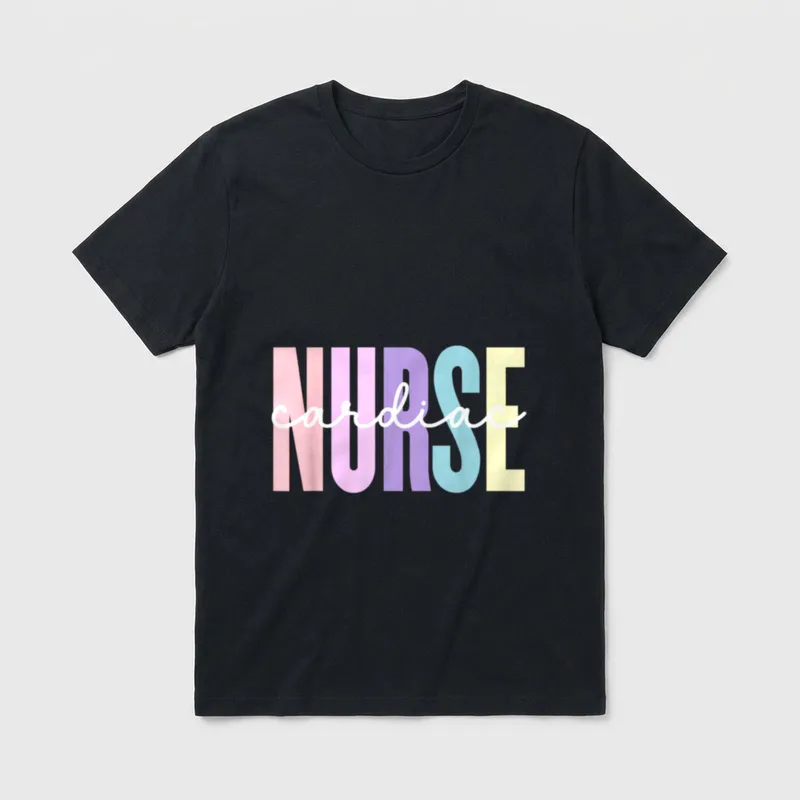 Heart Nursing Nurse T-Shirt – Cursive cardiac script layered over pastel block NURSE letters – Classic T-Shirt in Black