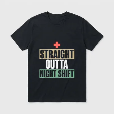 Hospital Nursing Night Shift Nurse T-Shirt – Red cross above STRAIGHT OUTTA NIGHT SHIFT lettering – Classic T-Shirt in Black