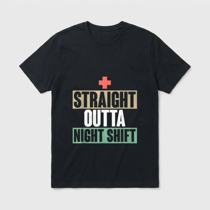 Hospital Nursing Night Shift Nurse T-Shirt – Red cross above STRAIGHT OUTTA NIGHT SHIFT lettering – Classic T-Shirt in Black