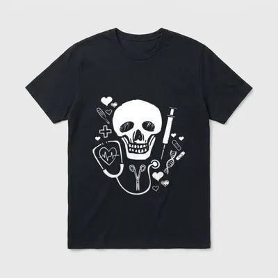 I'll Stab You Nurse T-Shirt – Anatomical skull with stethoscope, syringe, and medical instruments – Classic T-Shirt in Black