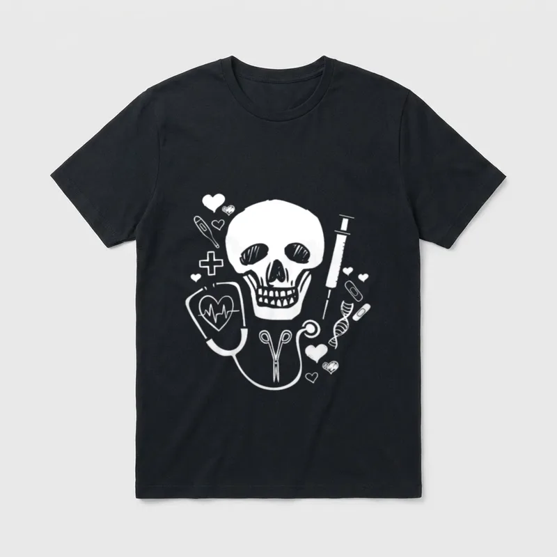 I'll Stab You Nurse T-Shirt – Anatomical skull with stethoscope, syringe, and medical instruments – Classic T-Shirt in Black