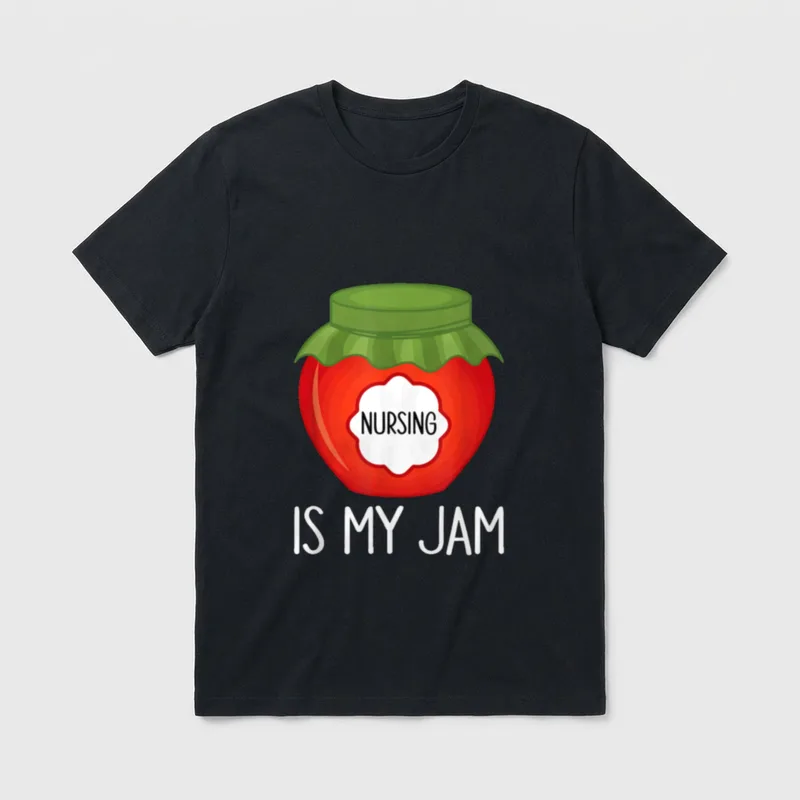 Nursing Is My Jam RN Nurse T-Shirt – Red jam jar with green lid and Nursing Is My Jam text – Classic T-Shirt in Black