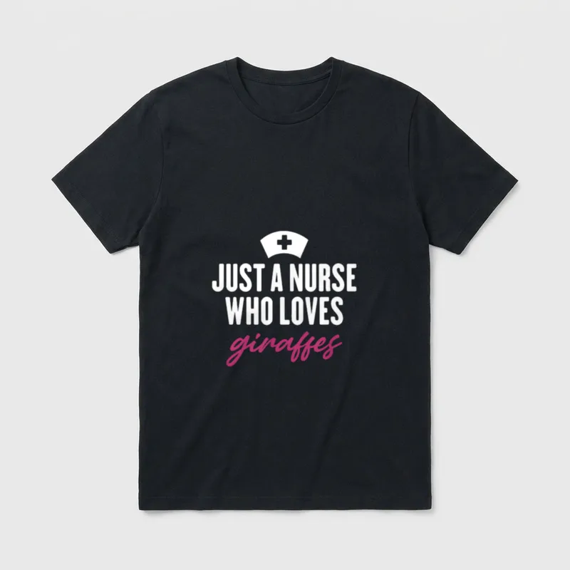 Just a Nurse Who Loves Giraffes T-Shirt – White nursing cap graphic with bold text and pink script – Classic T-Shirt in Black