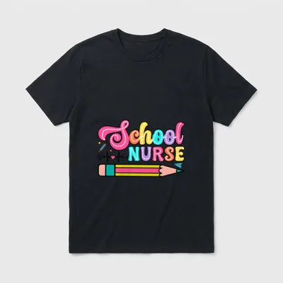 School Nurse Medical Nursing T-Shirt – School NURSE lettering with colorful pencil and syringe – Classic T-Shirt in Black