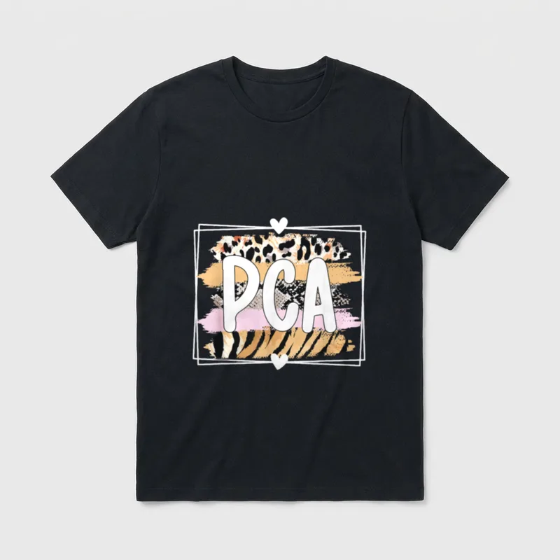Best PCA Patient Care Assistant Proud T-Shirt – The letters “PCA” over animal print brush strokes – Classic T-Shirt in Black