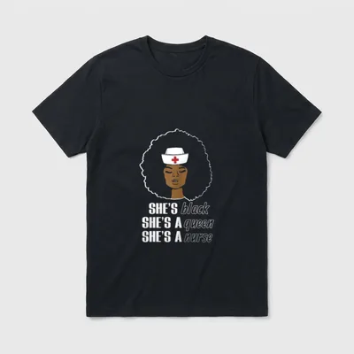 Black Nurse Costume T-Shirt – Afro nurse portrait and She’s black, A queen, A nurse lettering – Classic T-Shirt in Black