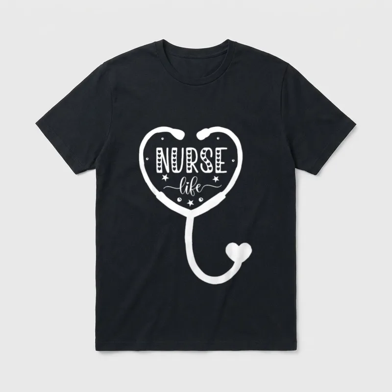 Nurse Life Perfect T-Shirt – White heart stethoscope with Nurse Life lettering and stars – Classic T-Shirt in Black